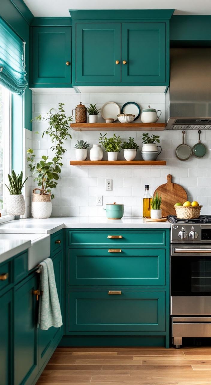 Teal green kitchen cabinets add personality, complemented by warm woods and bright whites for harmony.