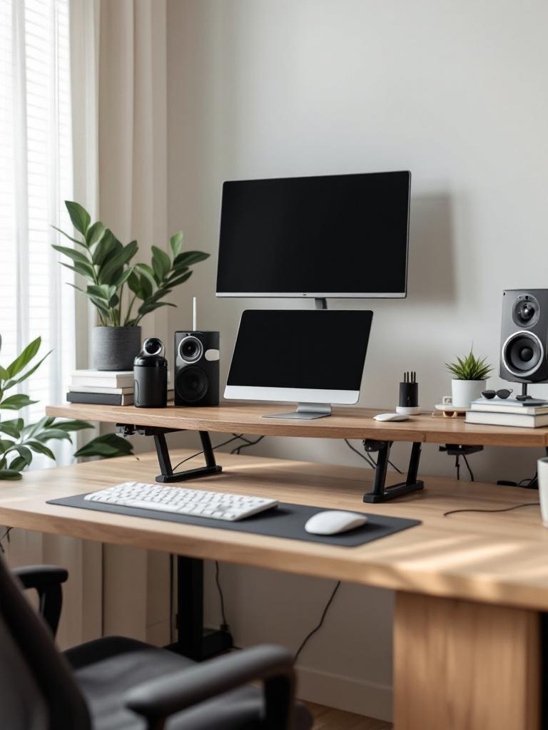 Home office setup with quality desk, integrated technology, and adjustable desk for improved ergonomics.