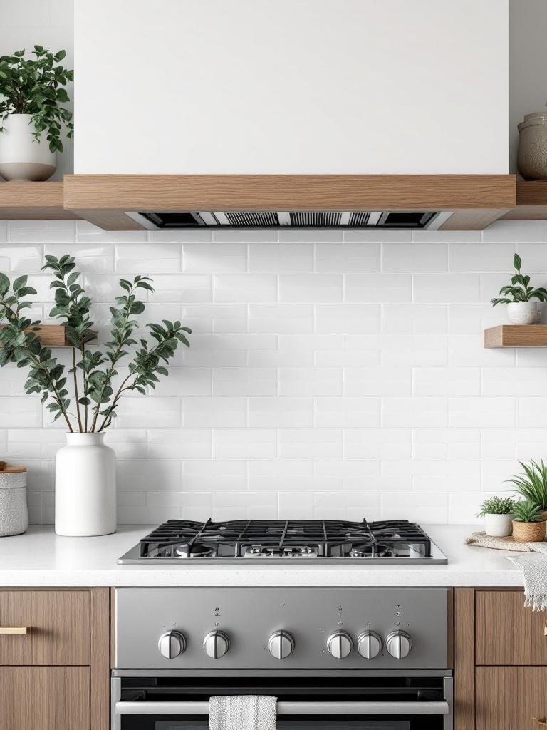 Textured white ceramic tile backsplash with subtle patterns enhances a modern kitchen's white and wood aesthetic.