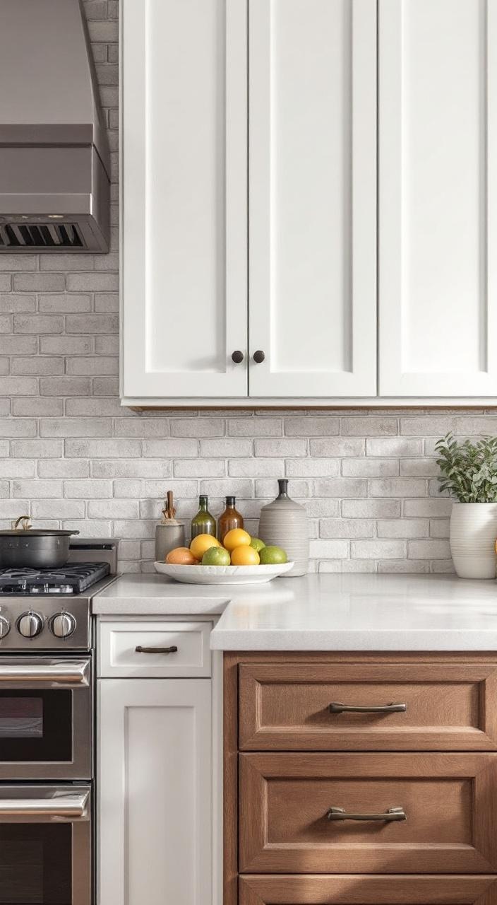Textured brick backsplash in a farmhouse kitchen, adding depth and rustic charm for visual interest.