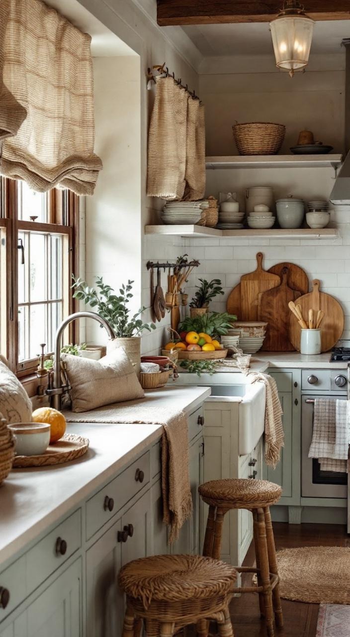 Textured burlap curtains and woven tablecloths in a rustic kitchen with decorative accessories and warmth.