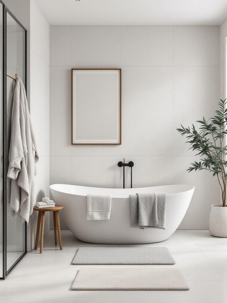 Urban Scandinavian bathroom textiles like soft towels, plush mats, and cozy robes for warmth and style.