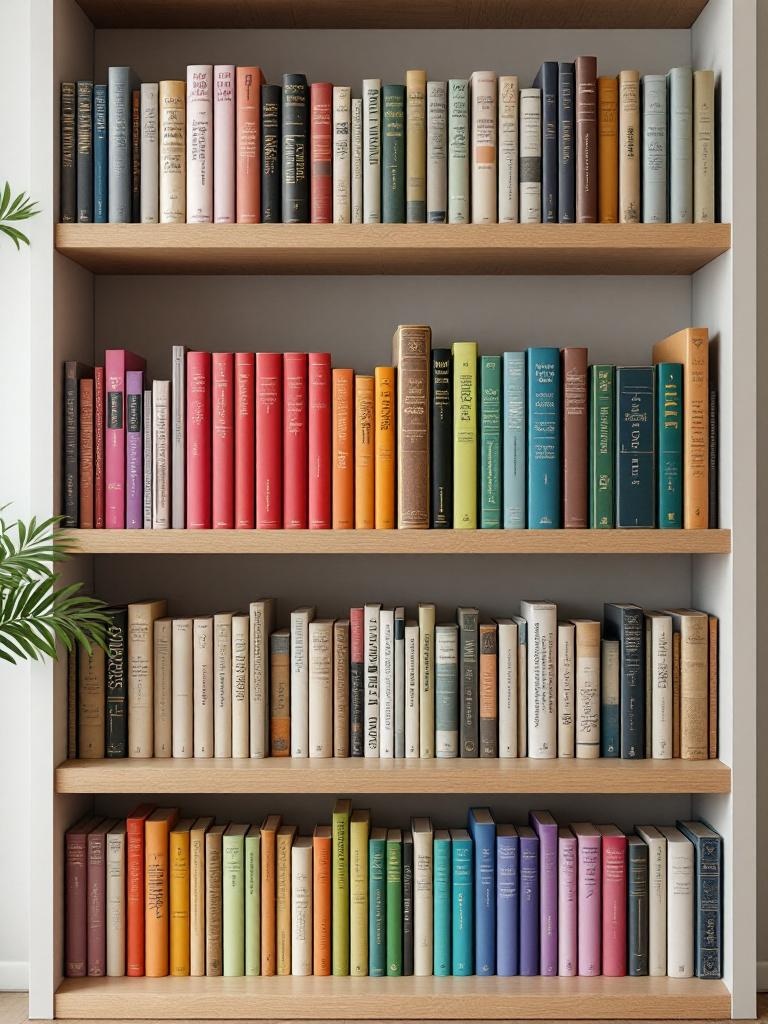Themed book displays organized by genre, color, or subject create an artistic and inviting shelf.