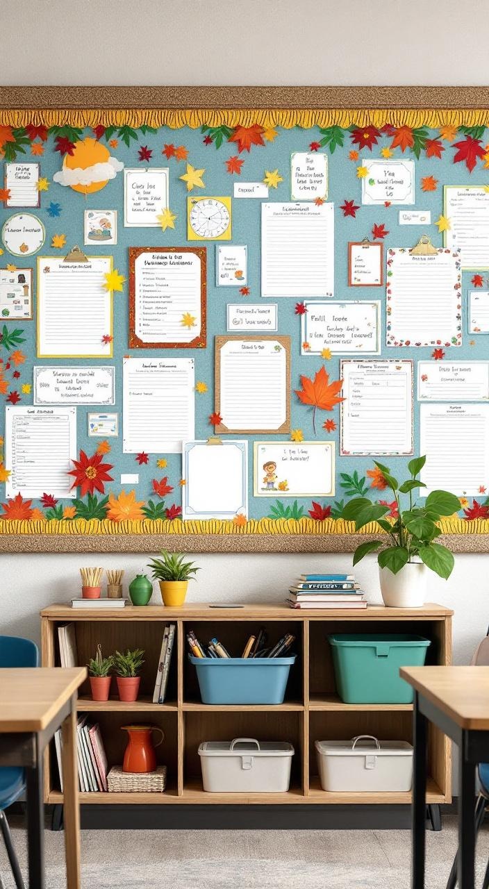 Bulletin board decorated with a seasonal theme, featuring student work and interactive elements.