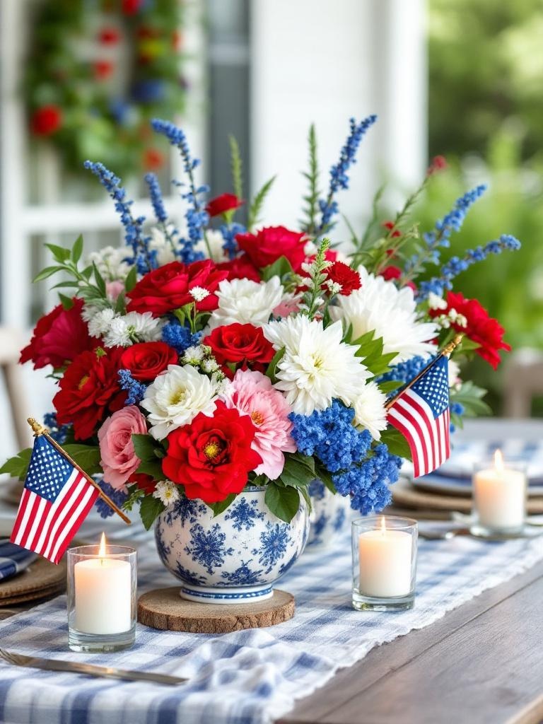 Patriotic porch table centerpiece with red and white flowers, blue accents, and small American flags.