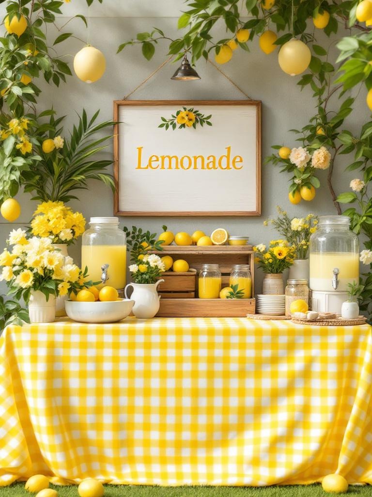 Outdoor lemonade bar with gingham tablecloths, yellow accents, mason jars, and fresh flowers.