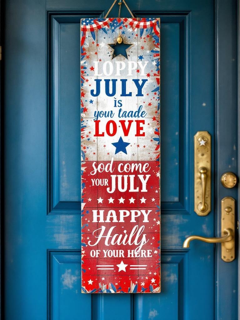 Custom July 4th door sign with a patriotic message invites guests to celebrate Independence Day.