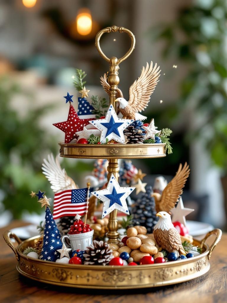 Tiered tray decorated with patriotic symbols like eagles, stars, stripes, and figurines for national pride.