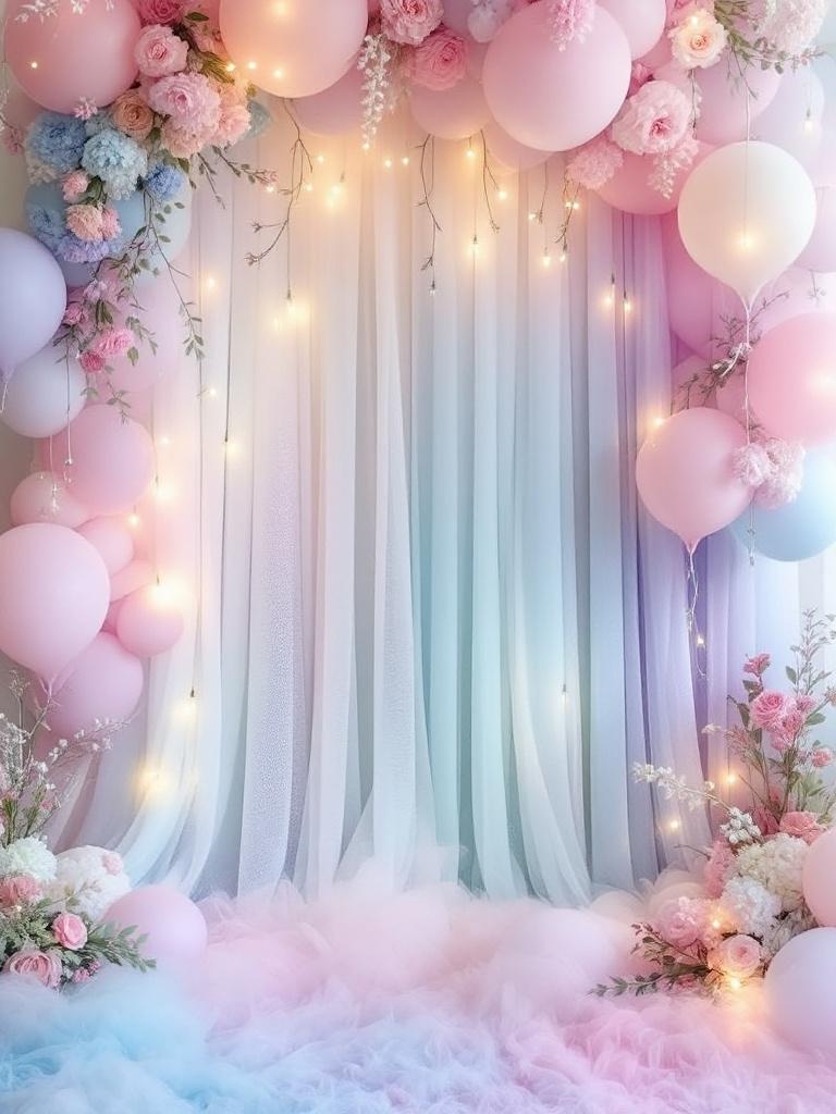 Ethereal tulle backdrop for gender reveal party, layered with fairy lights and floral accents.
