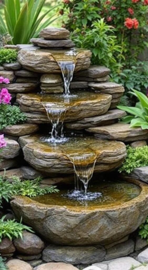 A tiered stone fountain in a garden, with water cascading over stones and surrounded by decorative plants.