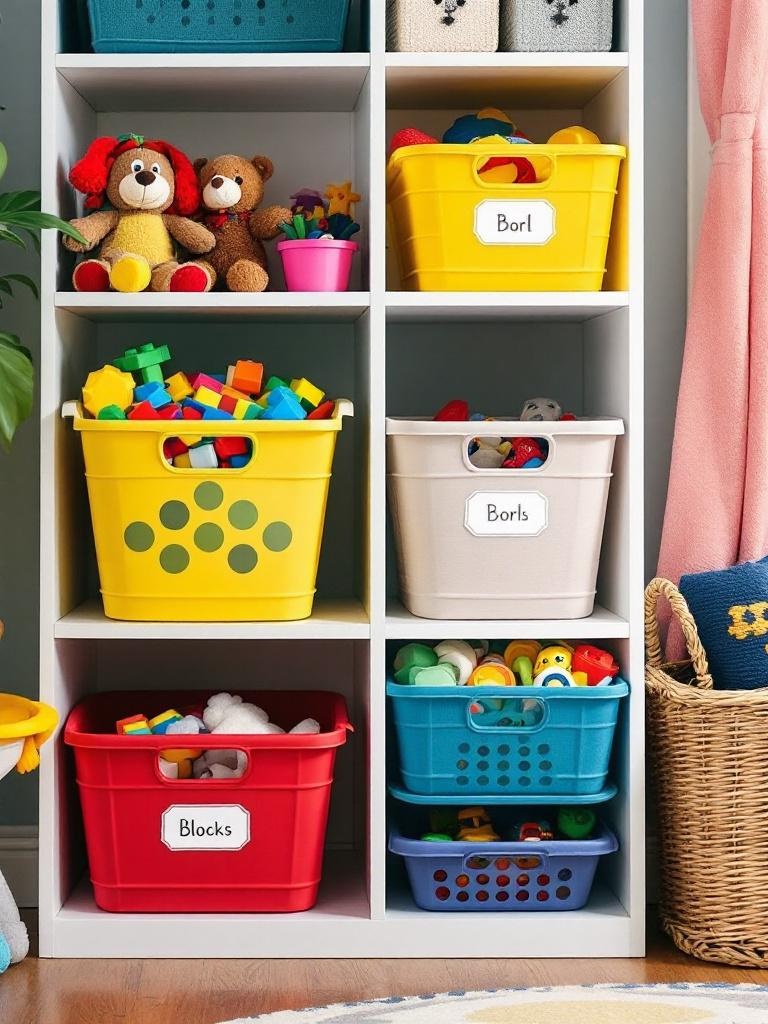 Colorful toy storage baskets and caddies organized by type, promoting neatness and easy access for kids.