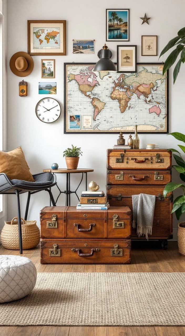 Travel-themed room with maps, postcards, vintage suitcases, and cultural decor inspiring wanderlust.