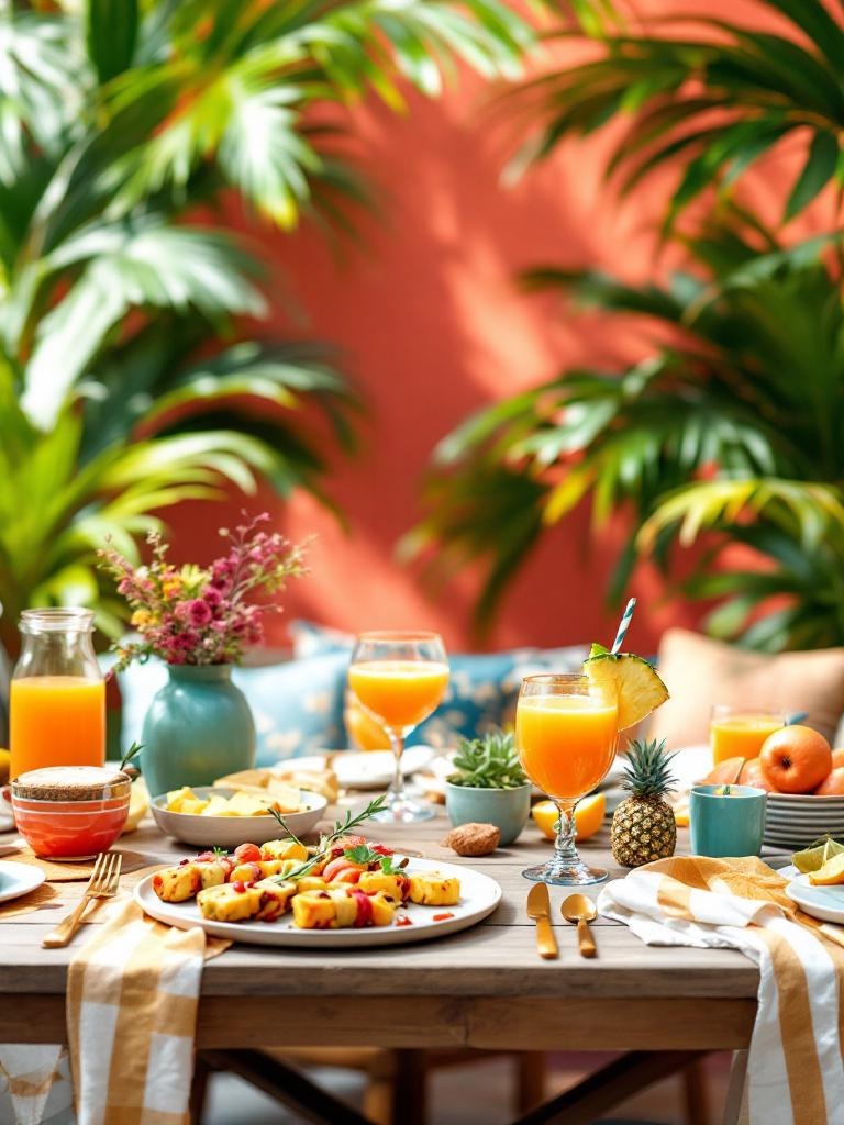 Tropical garden party with palm leaves, tiki torches, vibrant tableware, and fruity cocktails setup.