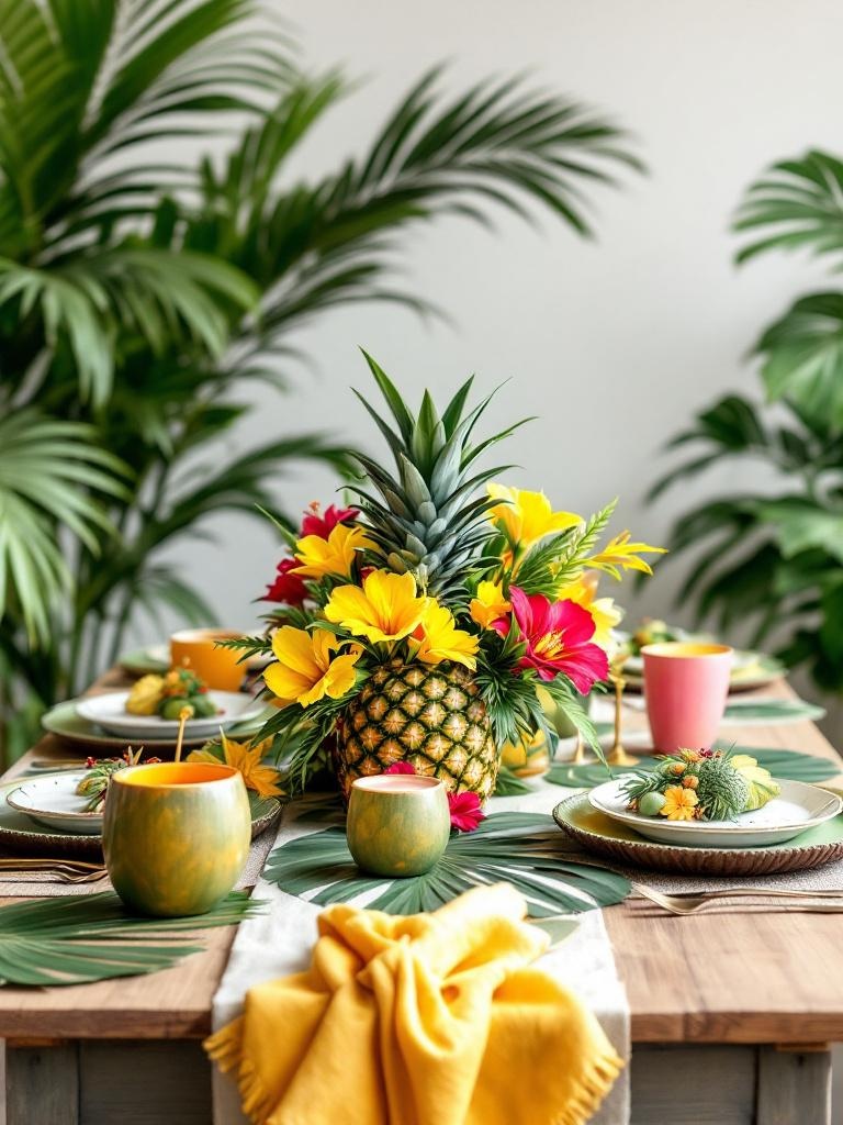 Tropical tablescape with vibrant greens, oranges, yellows, palm leaves, flowers, and fun centerpieces.