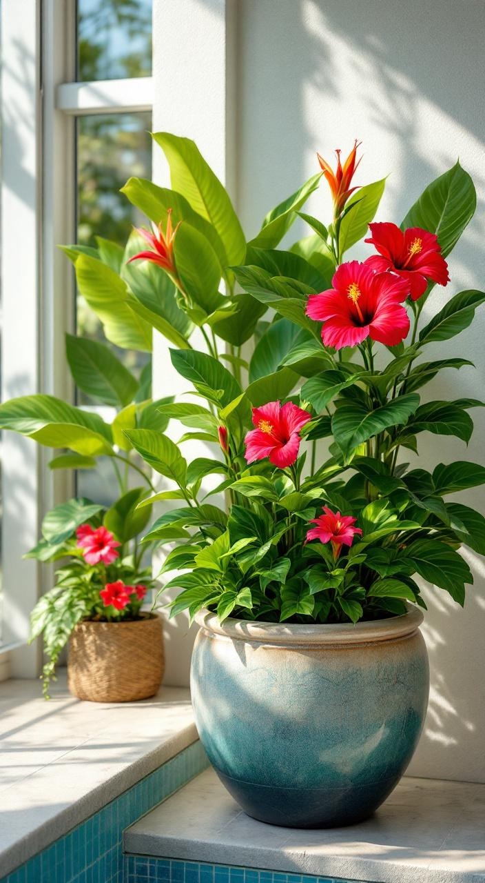 Tropical plants like hibiscus and bird of paradise in decorative pots around a sunny poolside area.