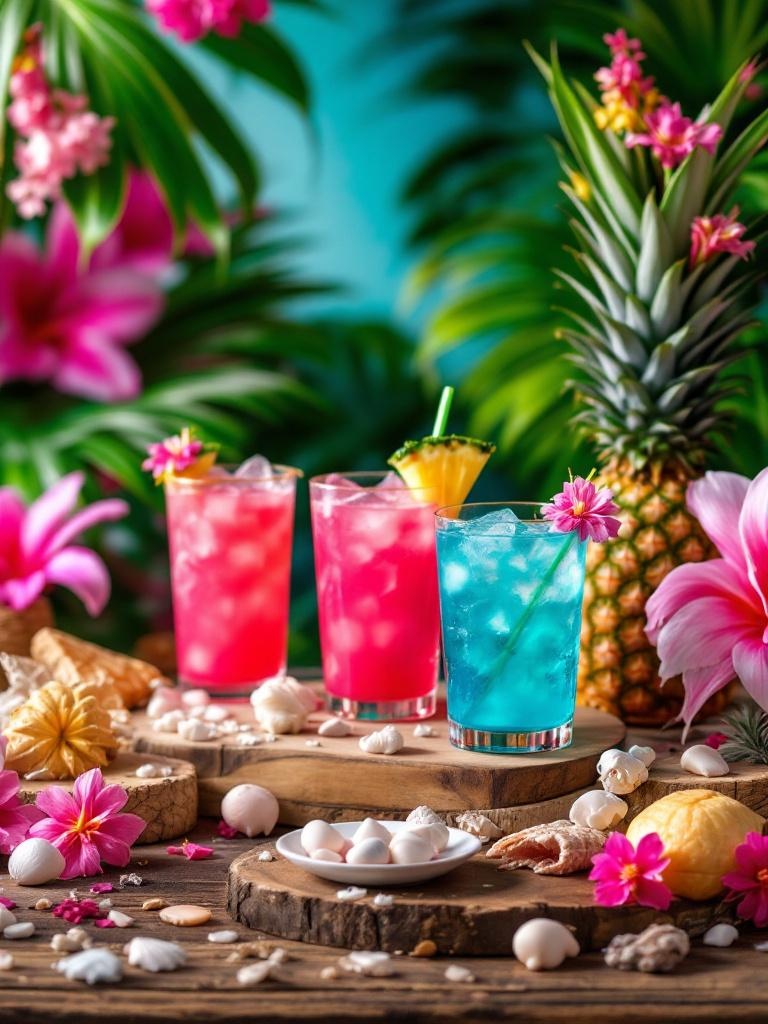 A vibrant tropical summer scene with palm leaves, flowers, colorful cocktails, seashells, and pineapples.