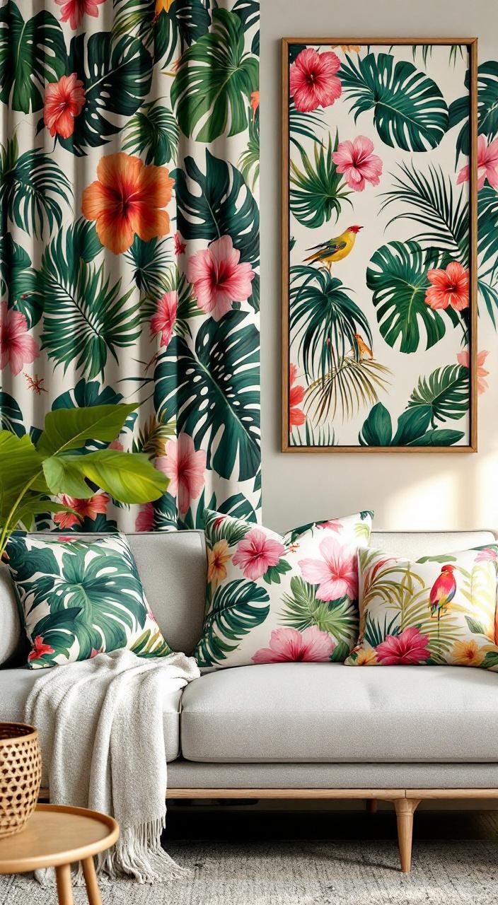 Tropical prints on cushion covers and curtains featuring palm leaves and flowers, enhancing decor.