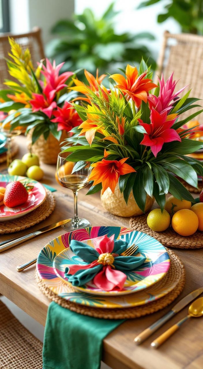Tropical-themed table setting with vibrant plates, colorful napkins, bamboo cutlery, and floral centerpieces.