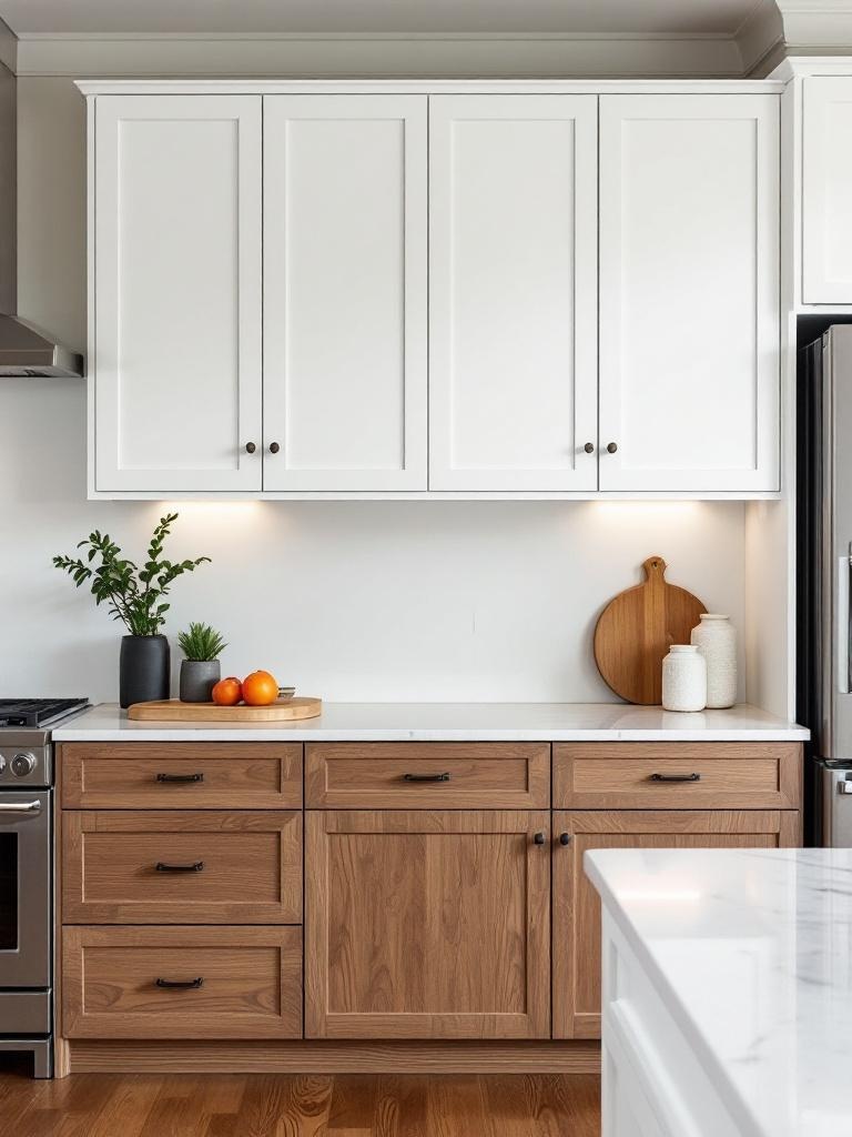 Two-tone kitchen cabinets with white upper and wooden lower cabinets for a striking design contrast.