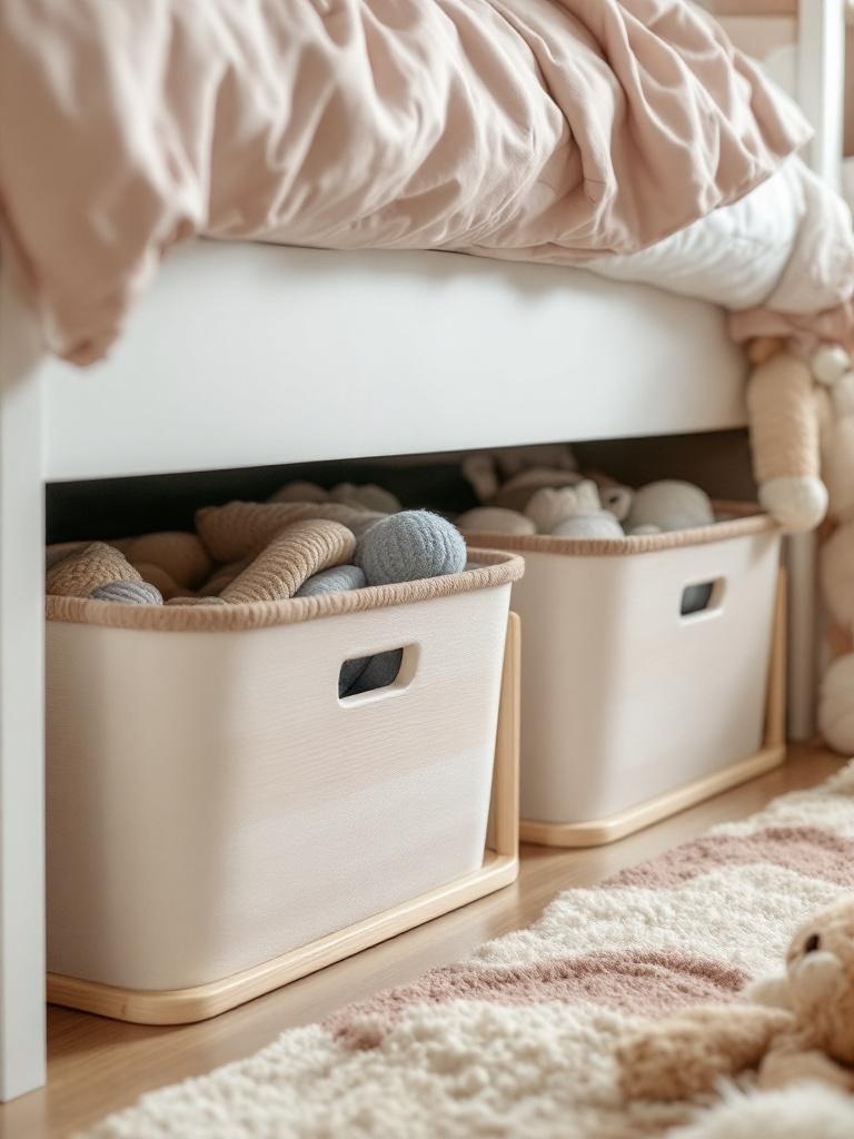Under-bed storage solutions with plastic bins and wooden drawers for toys and seasonal clothing.