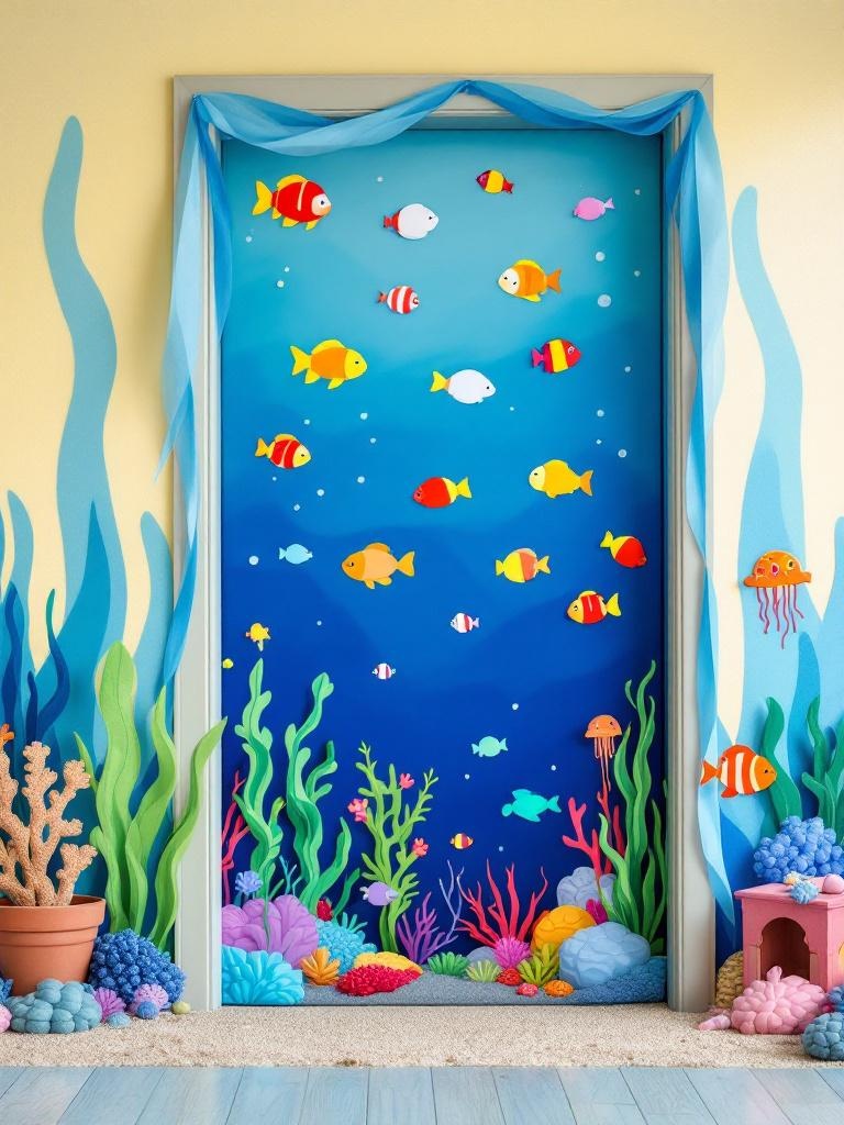 Underwater door decoration with fish, sea turtles, coral, and ocean floor backdrop for kids' adventure.