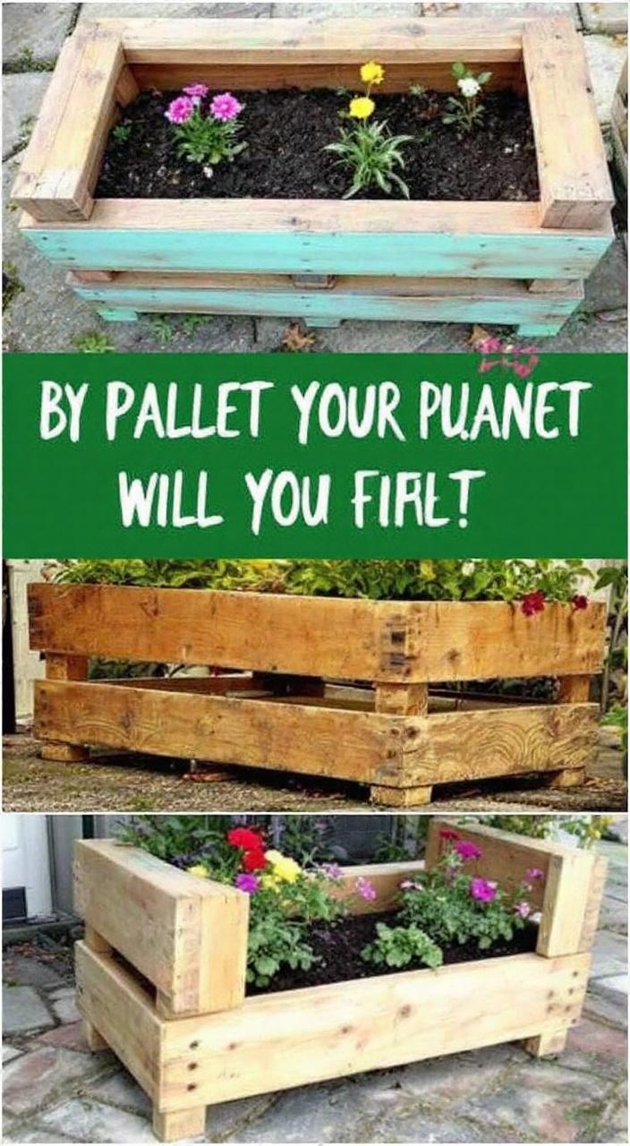 Image of a wooden pallet transformed into a planter filled with flowers, showcasing a rustic garden style.