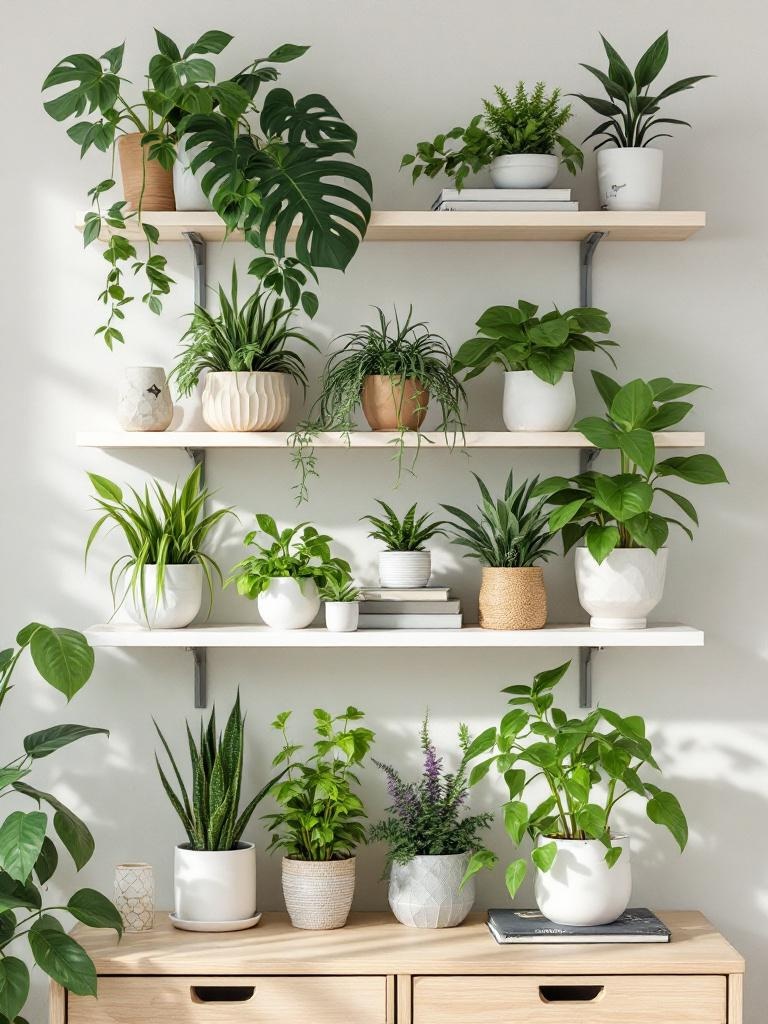 A styled shelf with low-maintenance plants like succulents and pothos alongside books for a lively study area.