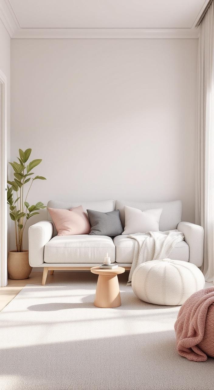 A small room with light-colored walls, soft furniture, and pastel decor, creating an airy atmosphere.