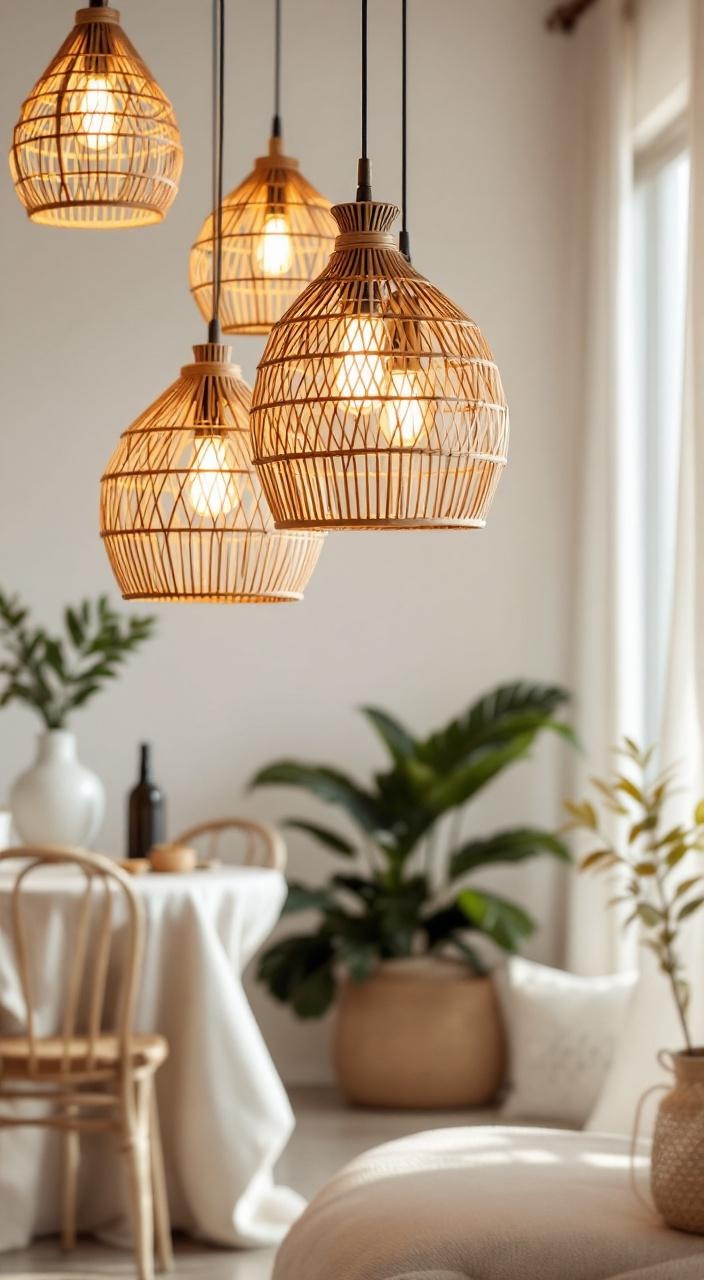 Tropical light fixtures like rattan pendant lights create a cozy atmosphere with warm, soft lighting.