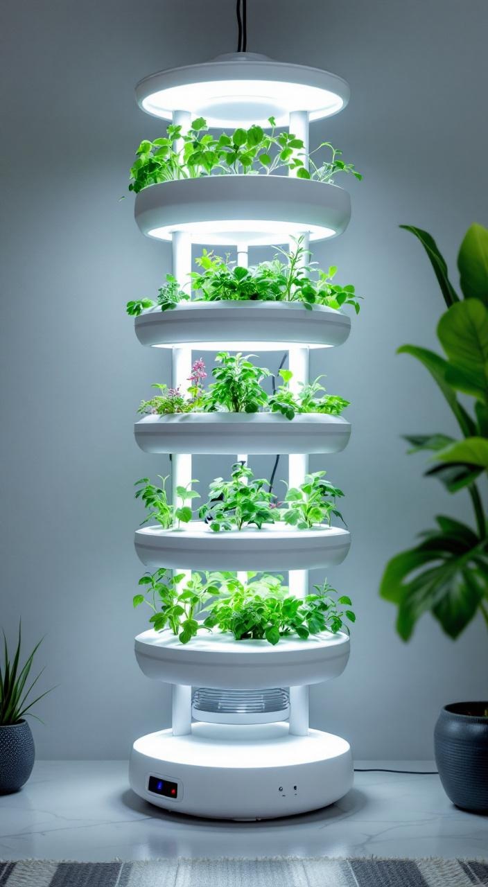 Vertical hydroponic system growing herbs in nutrient-rich water, ideal for indoor gardening and space-saving.