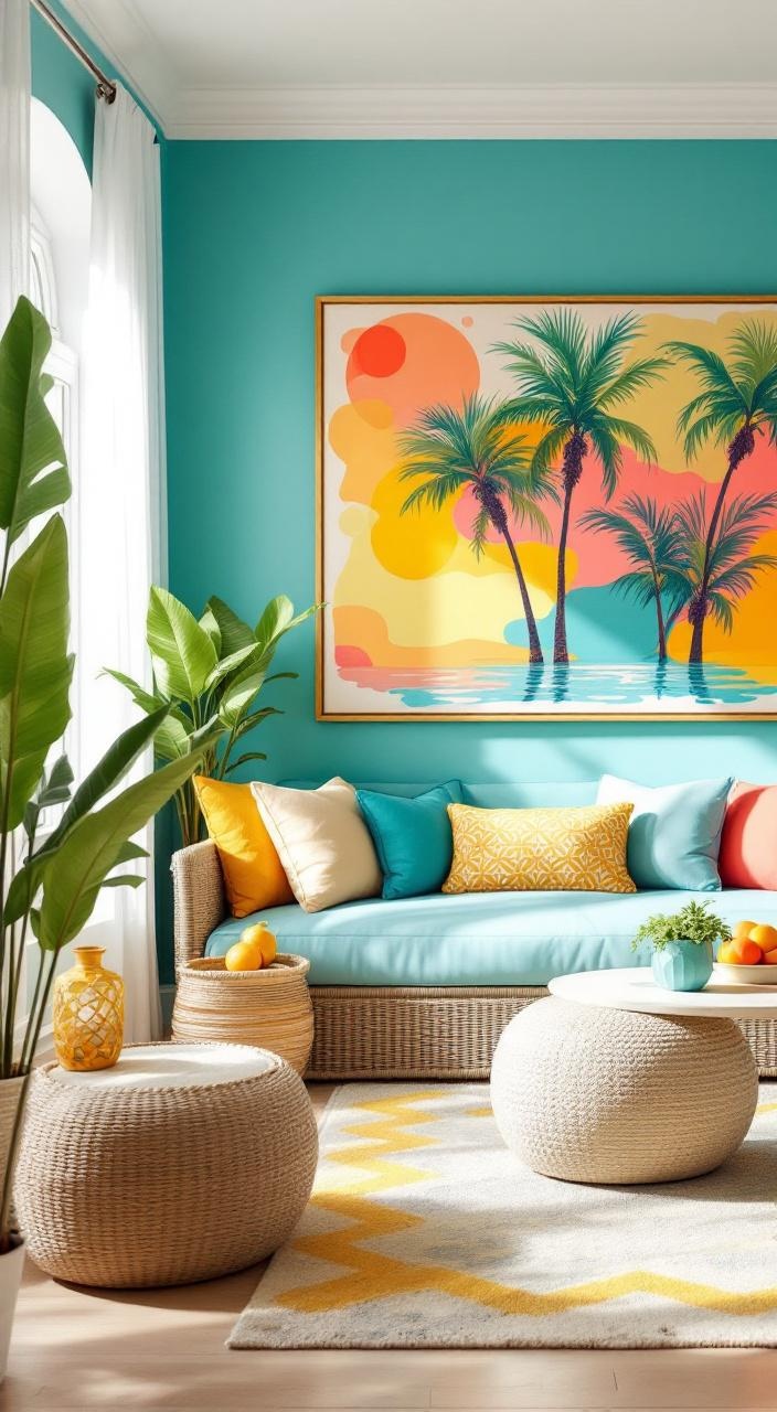 A bright room featuring turquoise, coral, and sunny yellow accents with neutral tones for balance.