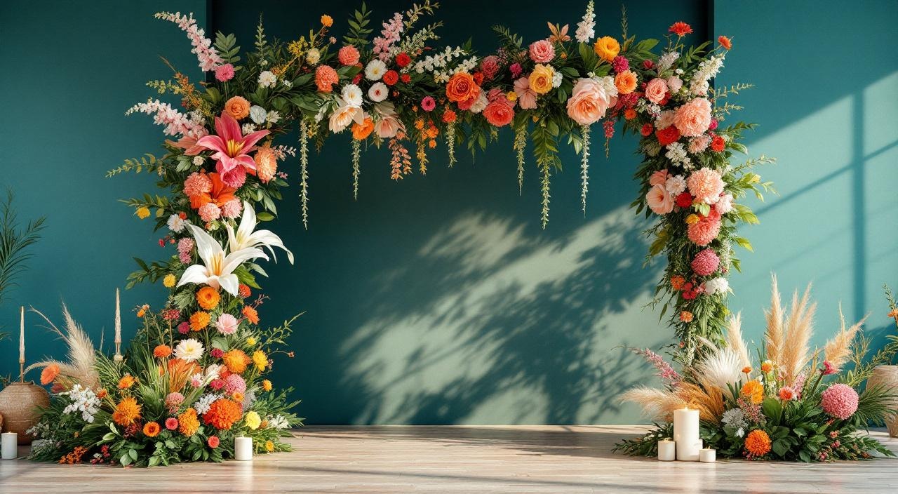 Vibrant floral installations at a summer wedding, featuring colorful arrangements and stunning arches.