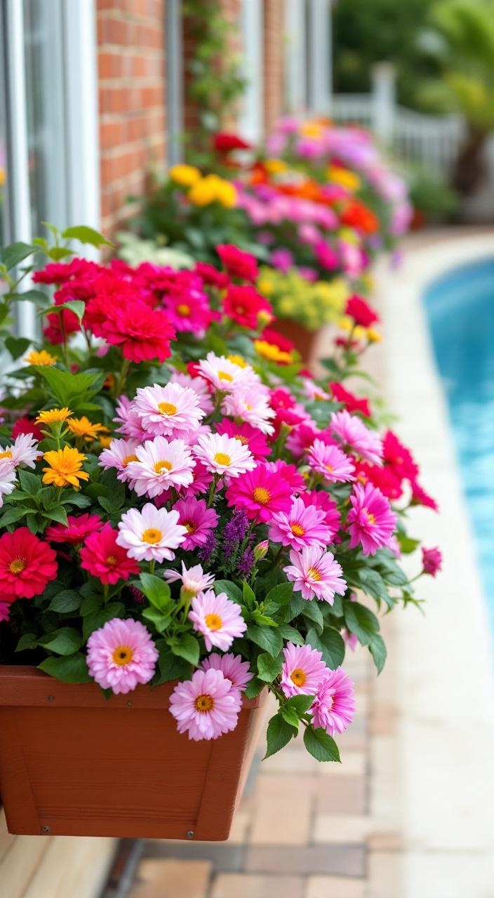 Colorful flower boxes enhance a pool area, adding vibrant blooms along railings and walls for beauty.