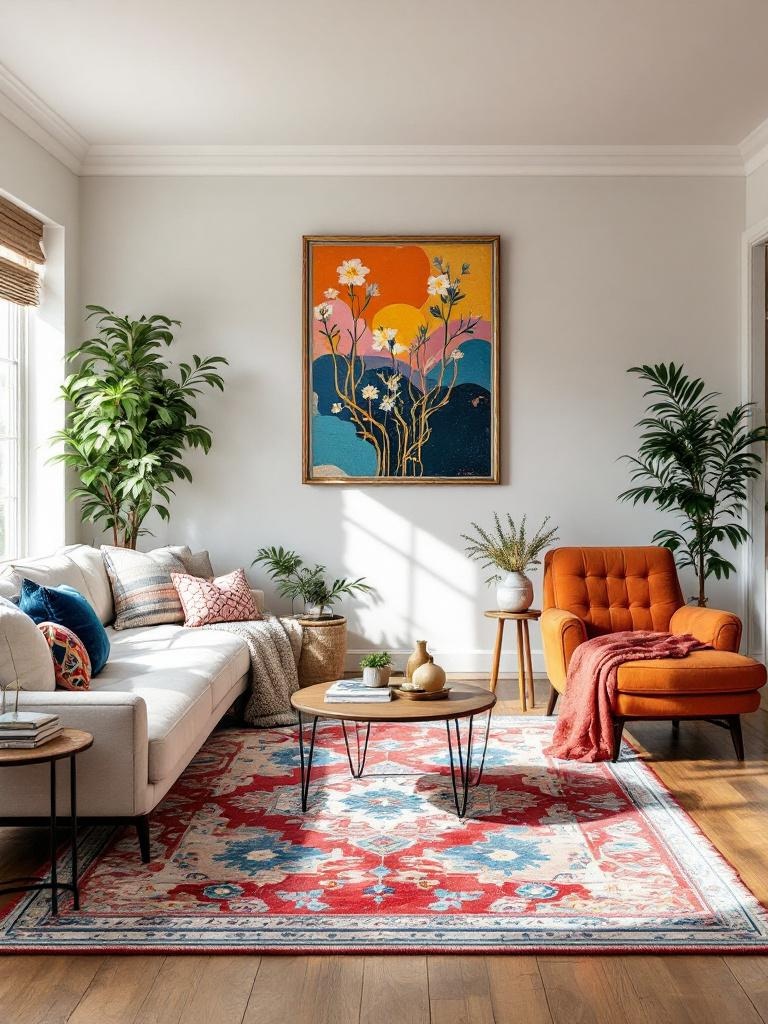 A vibrant area rug with bold colors enhances a living room, adding warmth and decorative appeal.