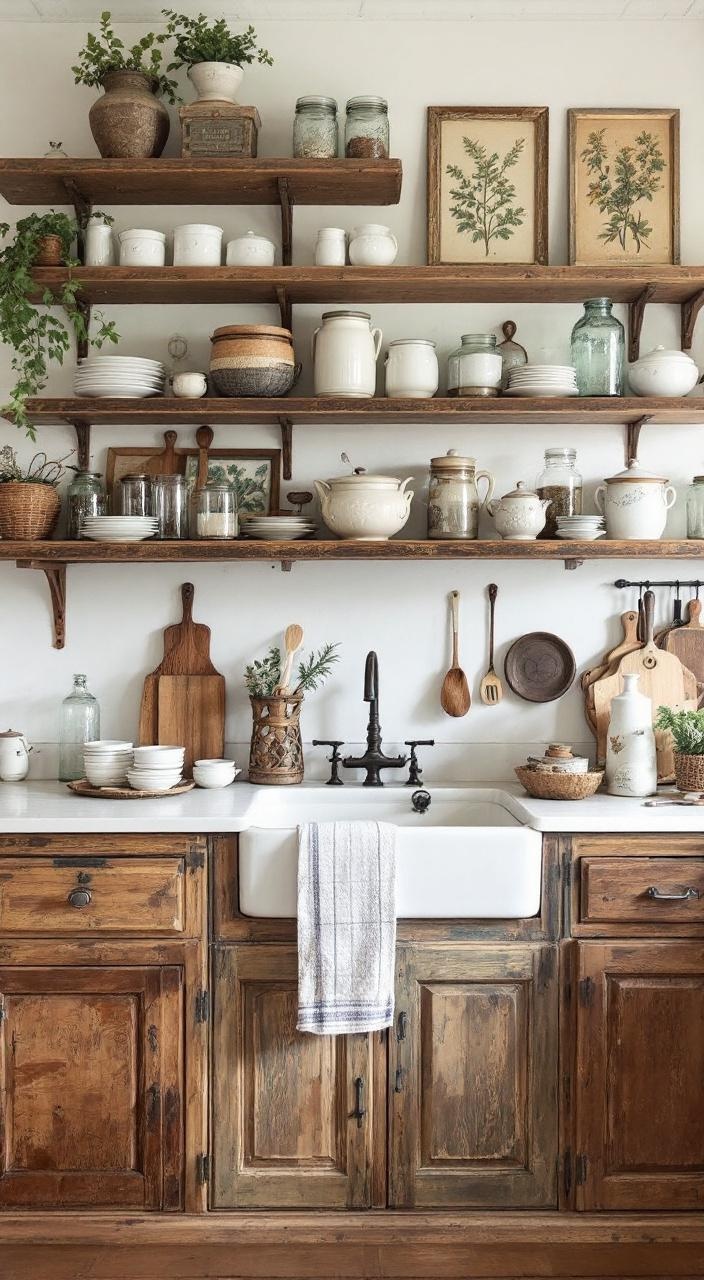 Vintage kitchen with distressed cabinets, glass jars, ceramic dishes, and nostalgic decor elements.