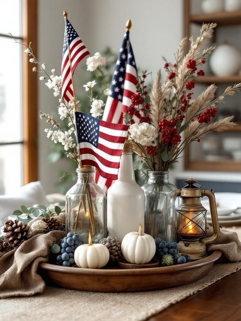 Vintage Americana centerpiece with flags, lanterns, and antique bottles on a wooden tray.