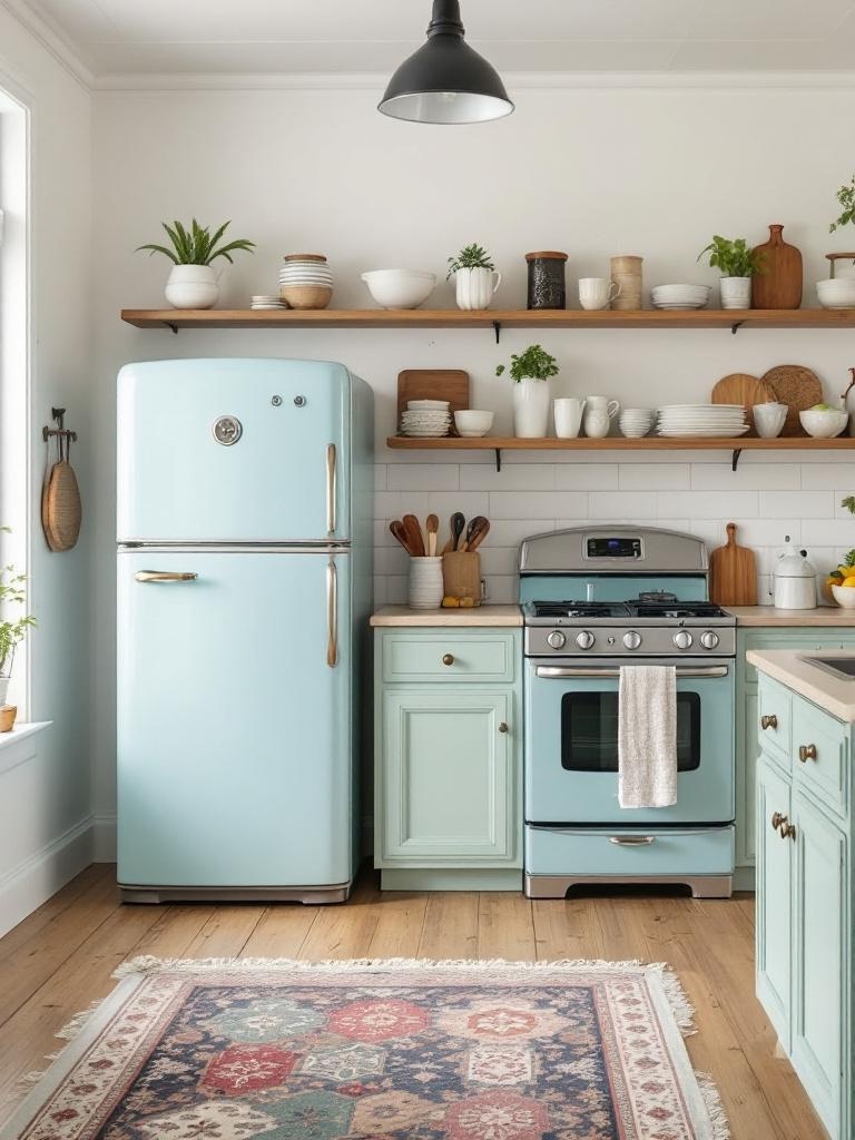 Vintage-style appliances in a modern farmhouse kitchen, featuring pastel colors for a charming retro vibe.