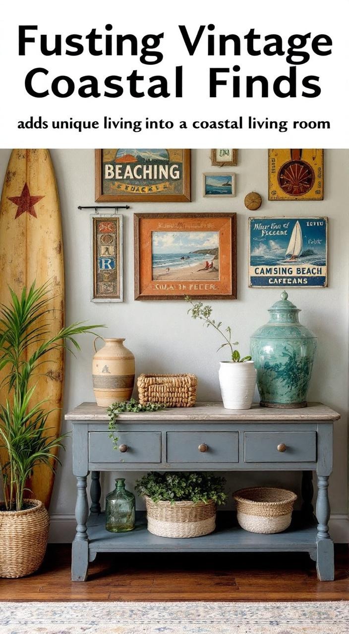 Vintage coastal decor with beach signs, fishing gear, and surfboards creating a nostalgic atmosphere.