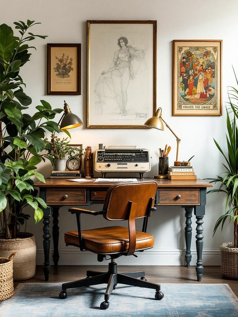 A cozy home office featuring vintage decor like an antique desk and retro office supplies.