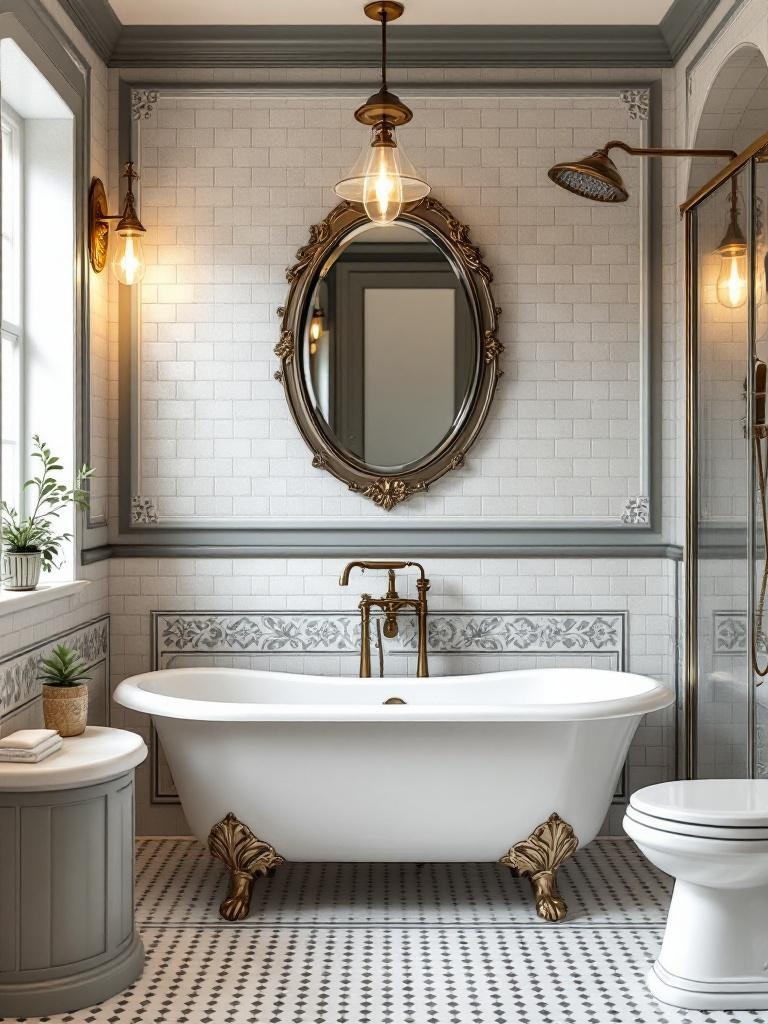 Vintage glam bathroom with ornate fixtures, decorative tiles, clawfoot tub, antique shower faucet, and mirrors.
