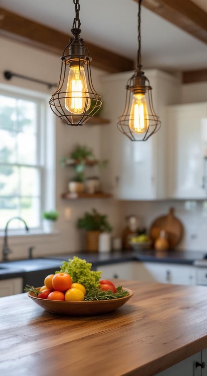Vintage lighting fixtures like wrought iron chandeliers and Edison bulbs enhancing a rustic kitchen ambiance.