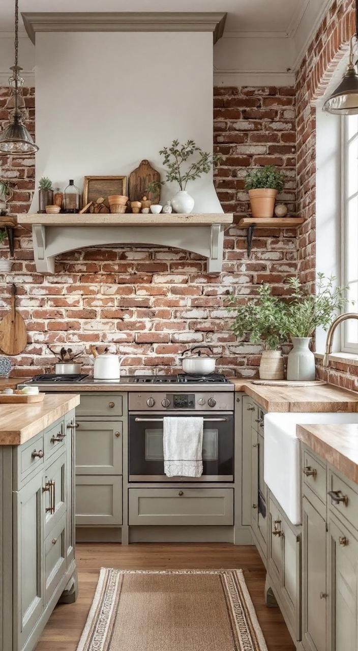 A kitchen with aged reclaimed brick walls, showcasing vintage style and a charming farmhouse aesthetic.