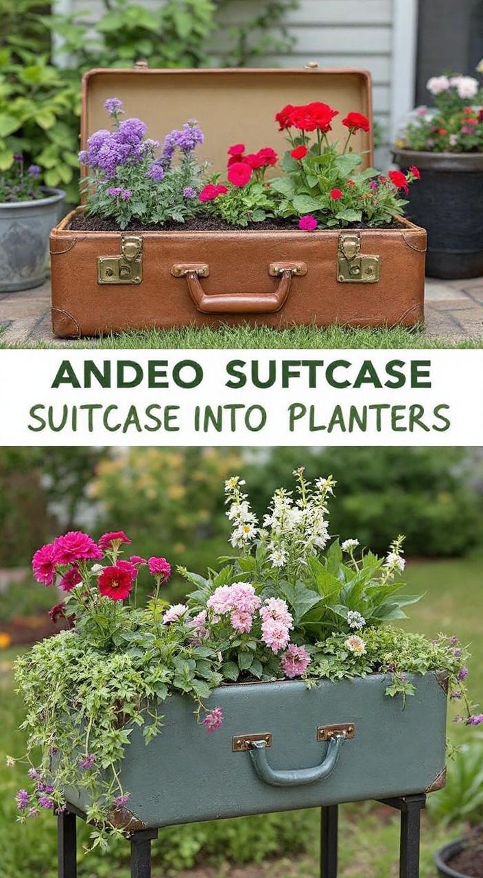 Vintage suitcase planter filled with colorful flowers, adding charm and style to a garden space.
