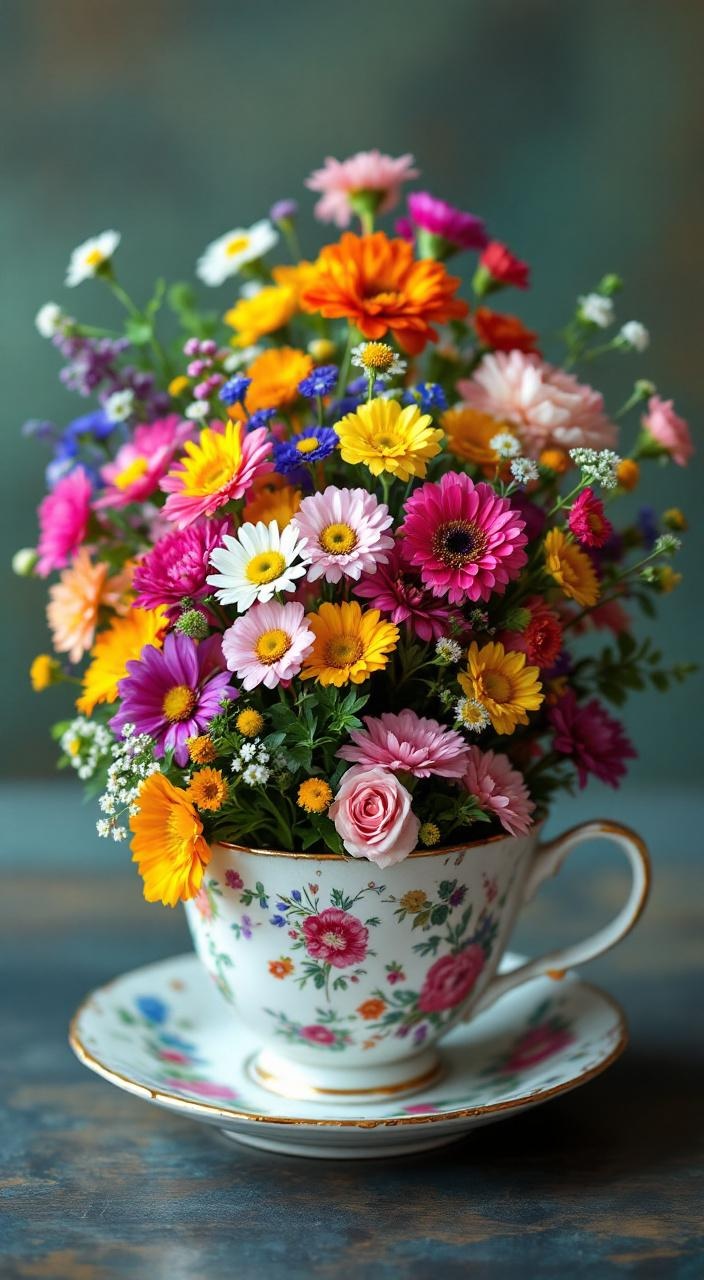 Vintage tea cups filled with small floral arrangements, creating a whimsical and charming centerpiece.