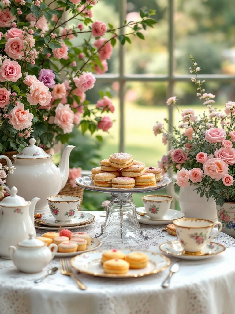 Vintage tea party table with elegant china, lace, blooming flowers, and an array of finger foods.