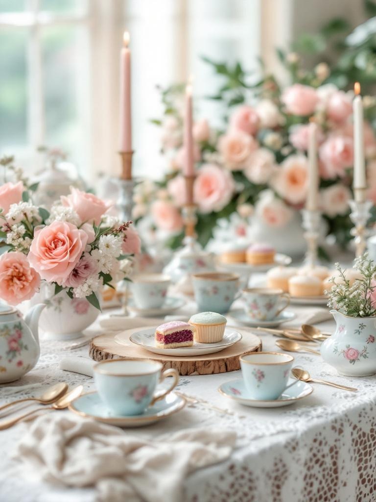 Elegant vintage tea party with delicate china, lace tablecloth, floral centerpieces, and pastel pastries.