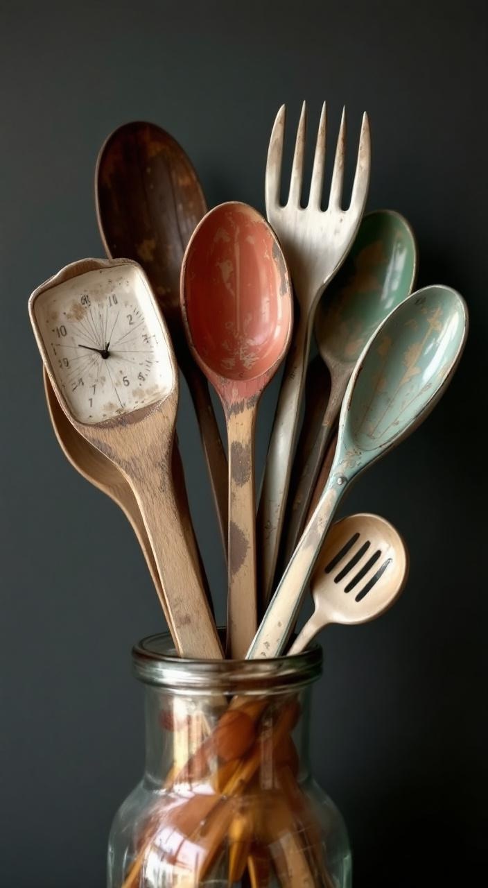 Vintage kitchen utensils like wooden spoons and measuring cups displayed in a decorative jar.