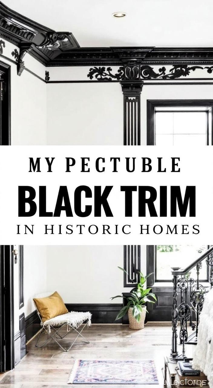 Vintage home with black trim enhancing its character, ornate moldings, and decorative cornices visible.