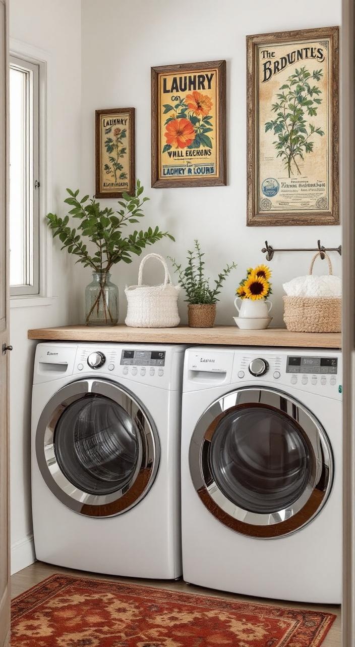 Vintage wall art in a laundry room, featuring framed retro ads and botanical prints, adds personality.