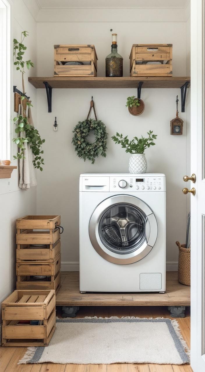 Vintage washing machine on a wooden platform, styled with rustic wooden crates for storage and decor.